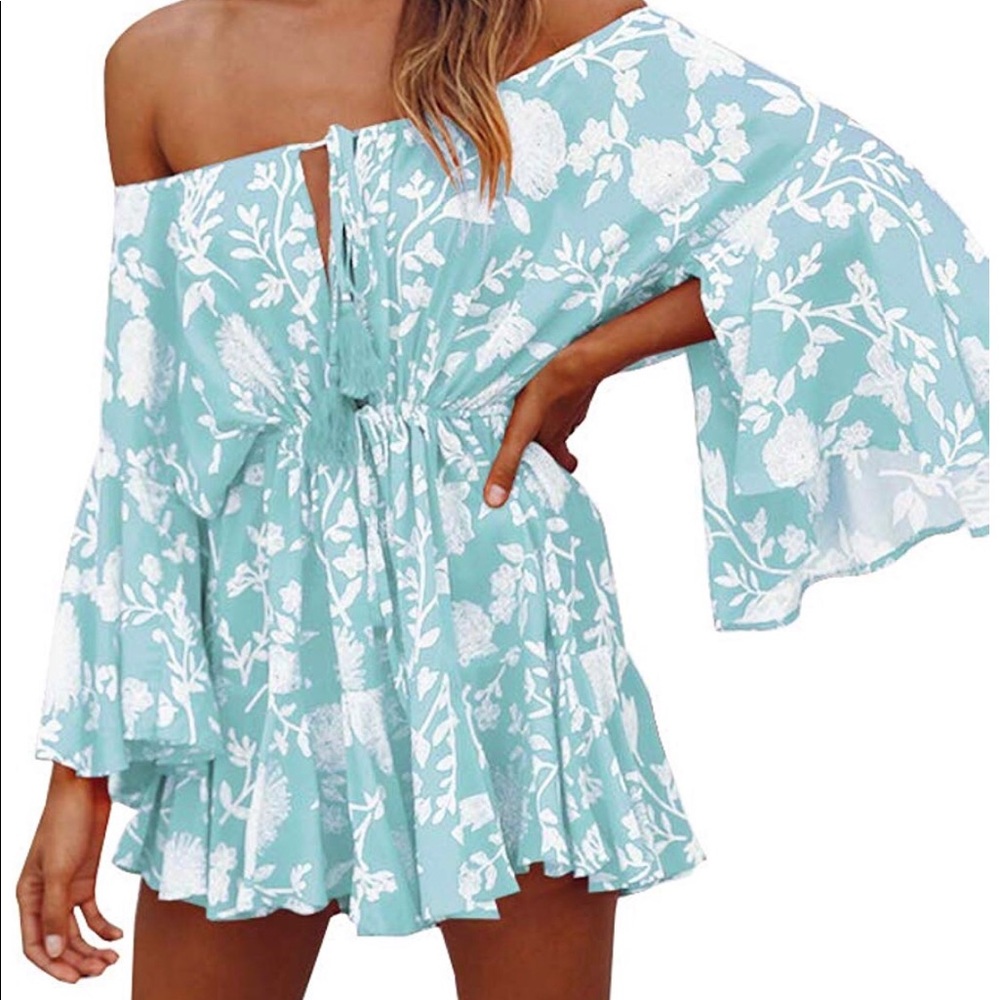 Off Shoulder Dress Bell Sleeves Boho Floral Print